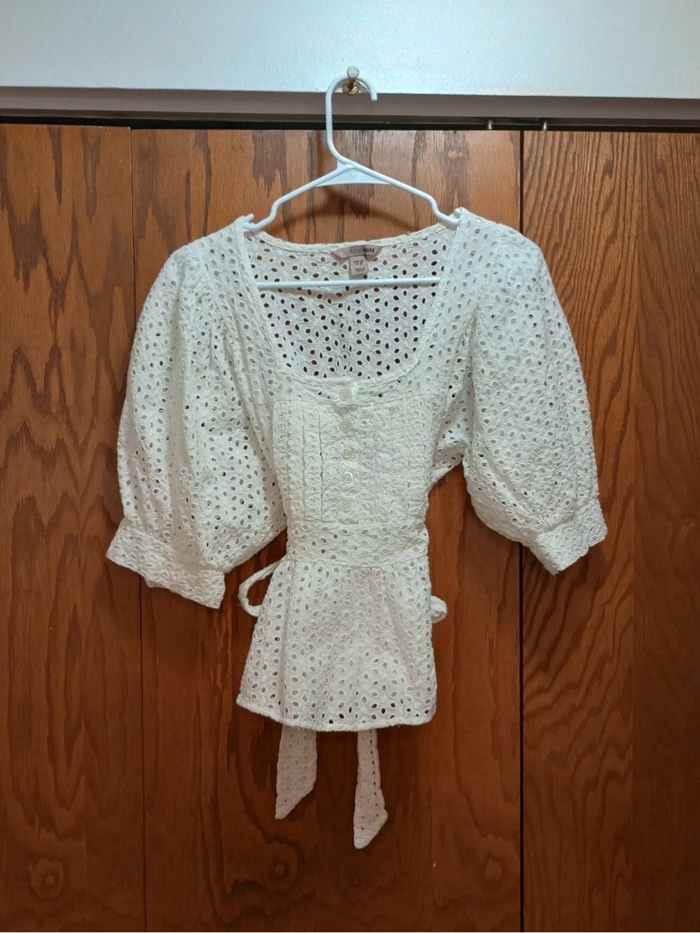 100% Cotton White Eyelet Peplum Tie-Waist Top